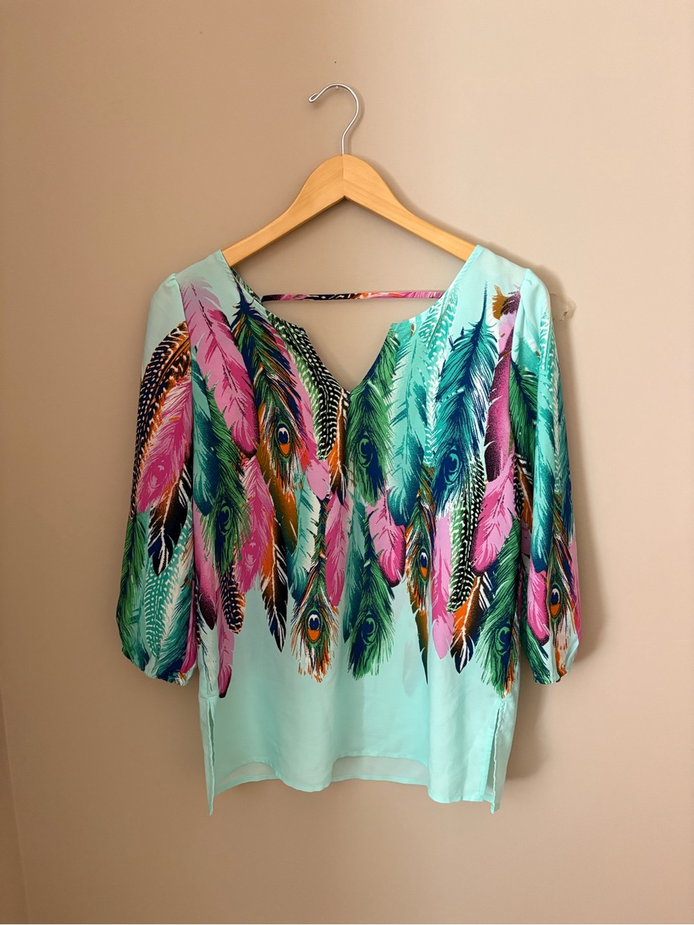 Pink Owl Mint Feather-Print V-Neck Blouse with Pink & Teal Accents